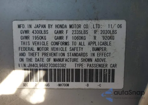 2007 Acura Tsx из США, поврежденный, VIN JH4CL96827C003382